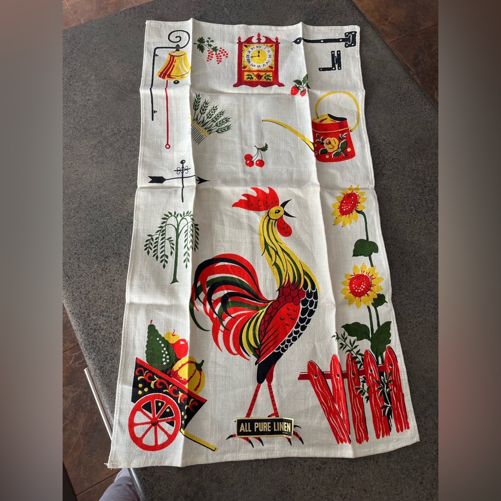 Vintage Unused 100% Linen Rooster MCM Tea Towel